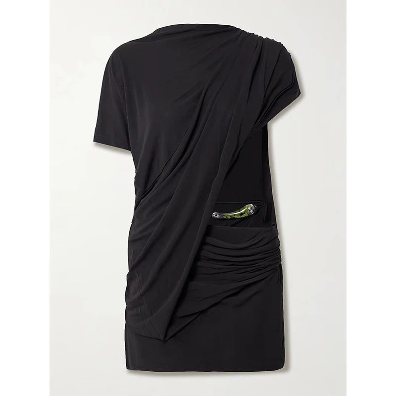 Spring/Summer Casual One-Shoulder Pullover Irregular Hollow-Out Patchwork Loose Eco-Friendly Washable Woven Day Satin Dress — Black