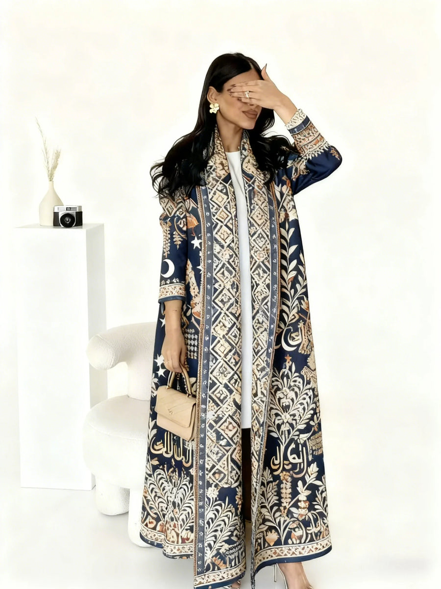 Customized Dubai Style Middle East Abaya for Women Modest Open Cardigan Kaftan Coat for Ramadan Light Luxury Pleated Long Robe — print color 1 - Image 2