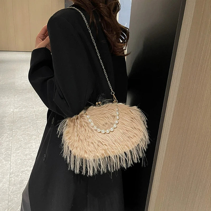 Luxury Faux Fur Evening Bag Fluffy Solid Color Shoulder Bag Large Capacity Pearl Handle Clutch Crossbody Bag For Women