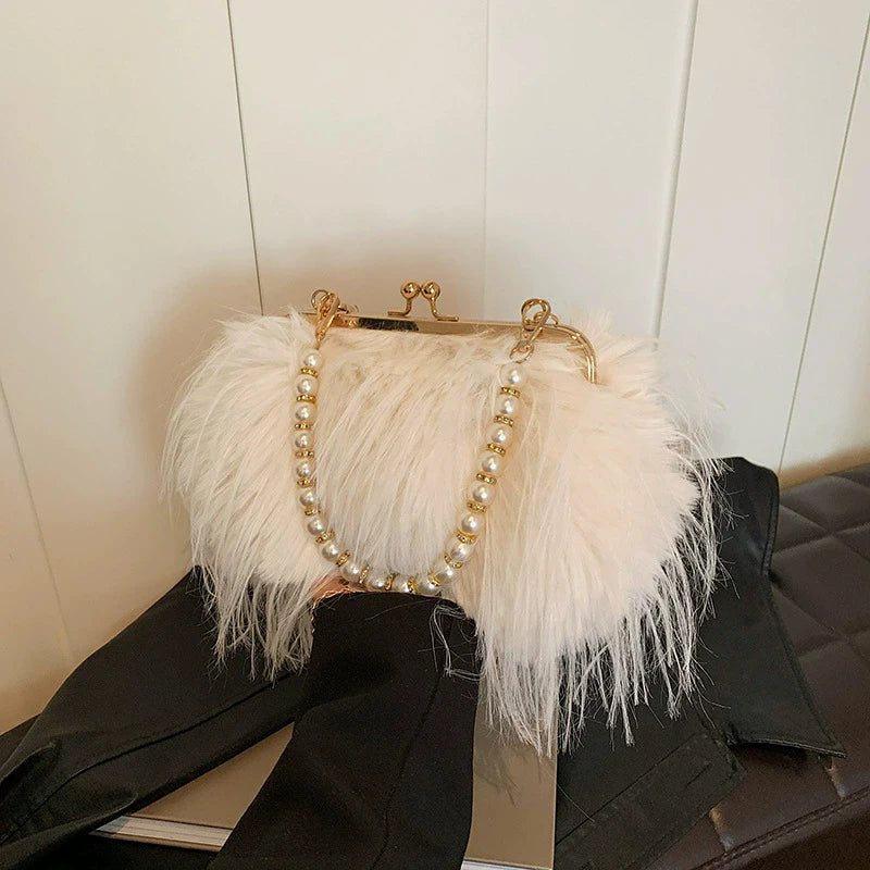 Luxury Faux Fur Evening Bag Fluffy Solid Color Shoulder Bag Large Capacity Pearl Handle Clutch Crossbody Bag For Women