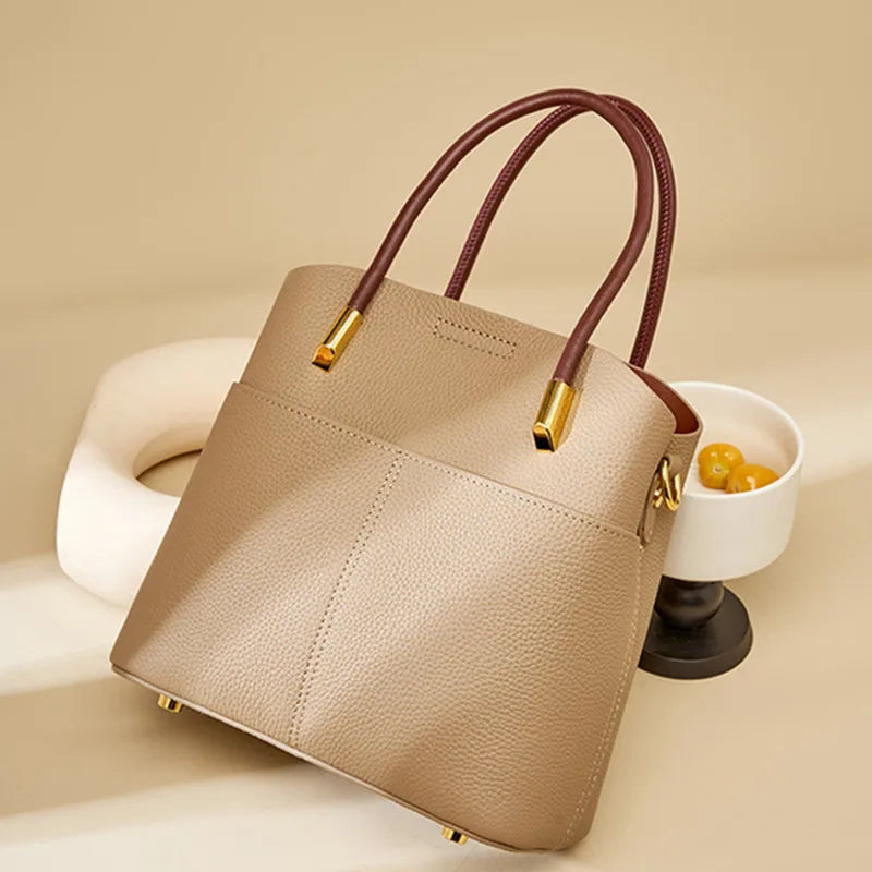 Luxury Women Genuine Leather Top Designer Bucket Bag Versatile New Fashion Tote Bag High-end Crossbody Bag With 2 Shoulder Strap