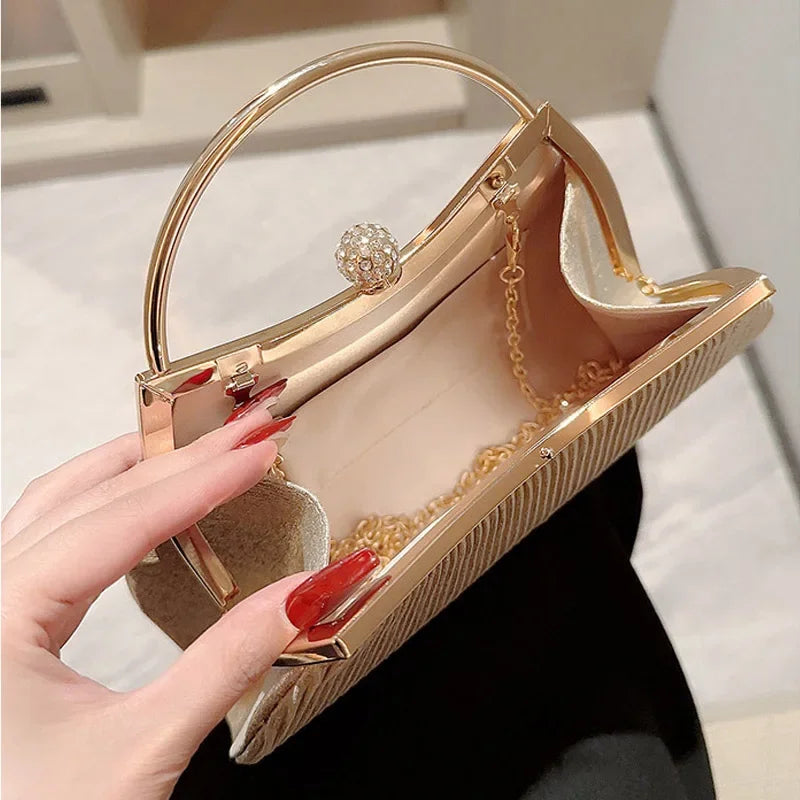 Pleated Evening Handbag Women Top Handle Glitter Day Clutch Ladies Wedding Dinner Dressed Clip Bag Diamond Party Purse Gold