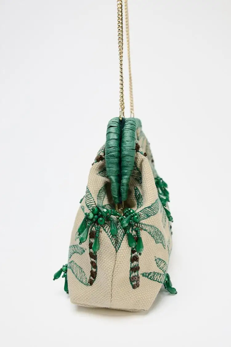 BEADED DETAIL CLUTCH, Envelope Clutchs Tree Embroidered, Luxury Designer Handbags with Removable Chain Crossbody Strap