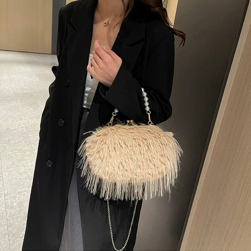 Luxury Faux Fur Evening Bag Fluffy Solid Color Shoulder Bag Large Capacity Pearl Handle Clutch Crossbody Bag For Women