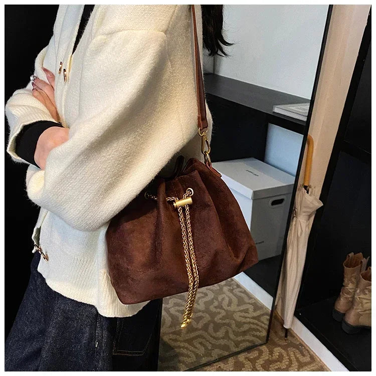 Soft Faux Suede Simple Commuting Crossbody Bags Thread String Women's Handbags 2025 Hot Sale Sewing Sweet Medium Bags for Women