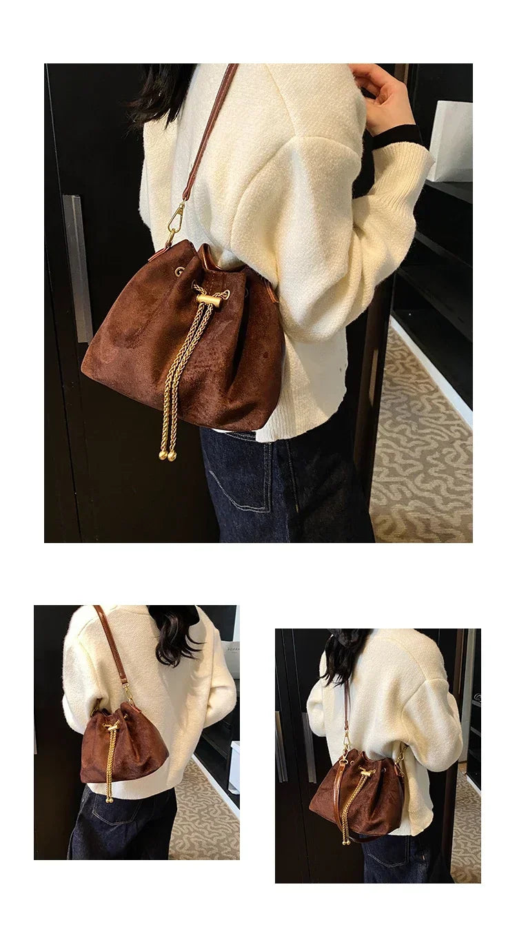 Soft Solid Faux Suede Simple Commuting Crossbody Bags 2025 Hot Sale Sewing Sweet Bags for Women Thread String Women's Handbags