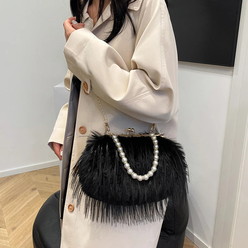 Luxury Faux Fur Evening Bag Fluffy Solid Color Shoulder Bag Large Capacity Pearl Handle Clutch Crossbody Bag For Women