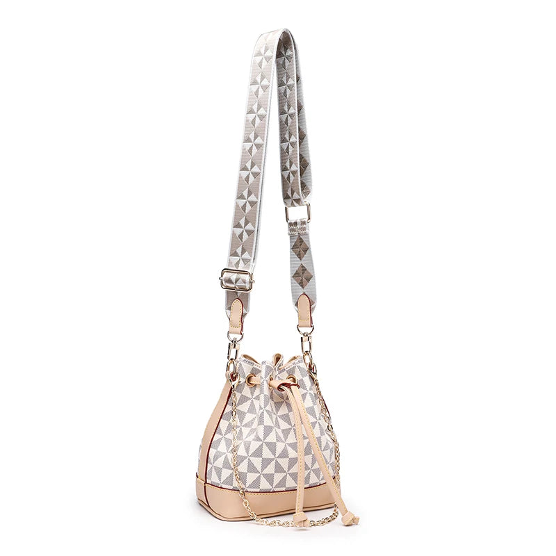 Floral Women Bucket Bags Leather Ladies Shoulder Bags Drawstring Women Side Bags