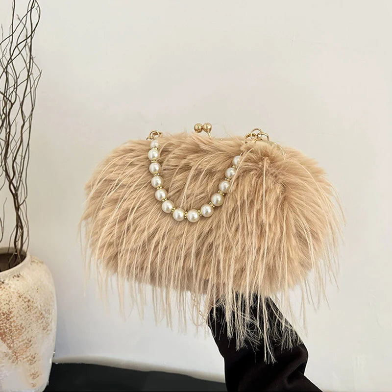 Luxury Faux Fur Evening Bag Fluffy Solid Color Shoulder Bag Large Capacity Pearl Handle Clutch Crossbody Bag For Women