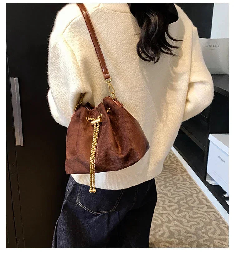 Soft Solid Faux Suede Simple Commuting Crossbody Bags 2025 Hot Sale Sewing Sweet Bags for Women Thread String Women's Handbags