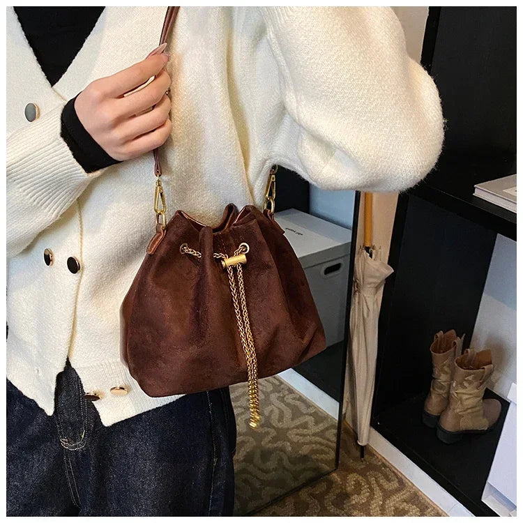 Soft Solid Faux Suede Simple Commuting Crossbody Bags 2025 Hot Sale Sewing Sweet Bags for Women Thread String Women's Handbags