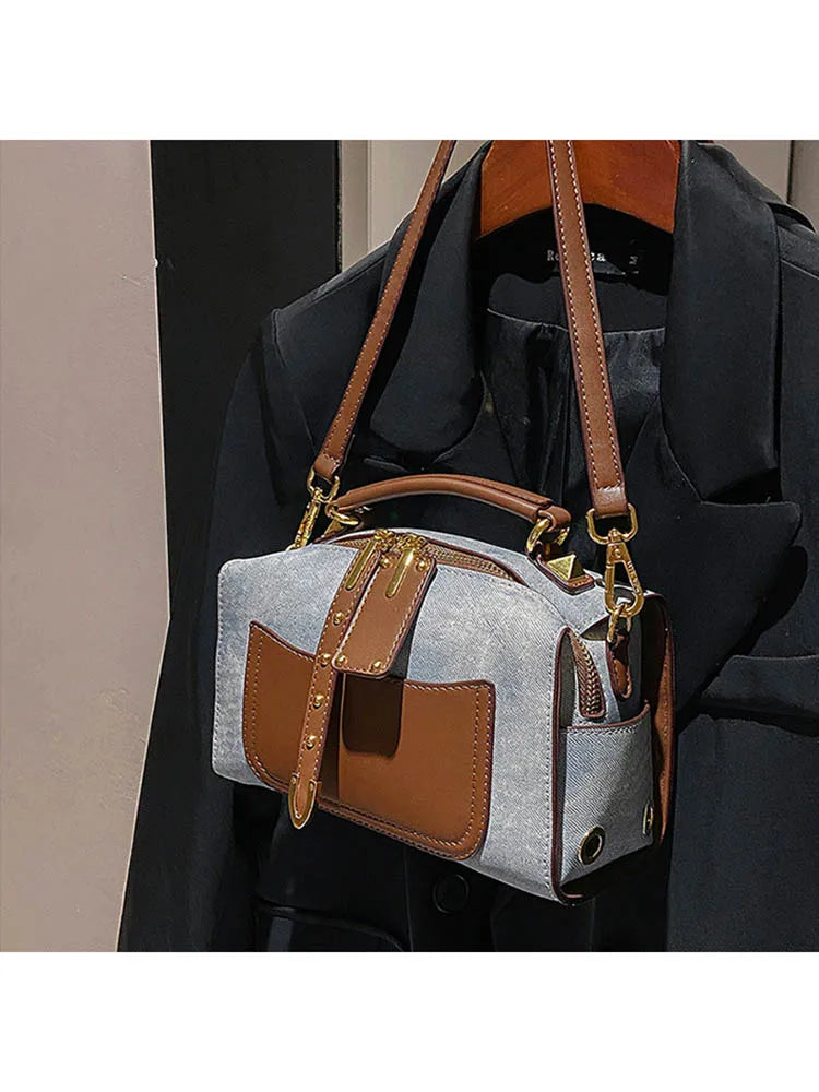 Artificial Leather Retro Unisex Large Capacity Blue Handbag Shoulder Crossbody Messenger Bags Doctor Boston Women Purse