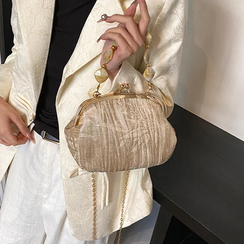 Retro Beaded Party Handbags Summer Women's Versatile Chain Crossbody Bags French Fashion Single Shoulder Bags Trend