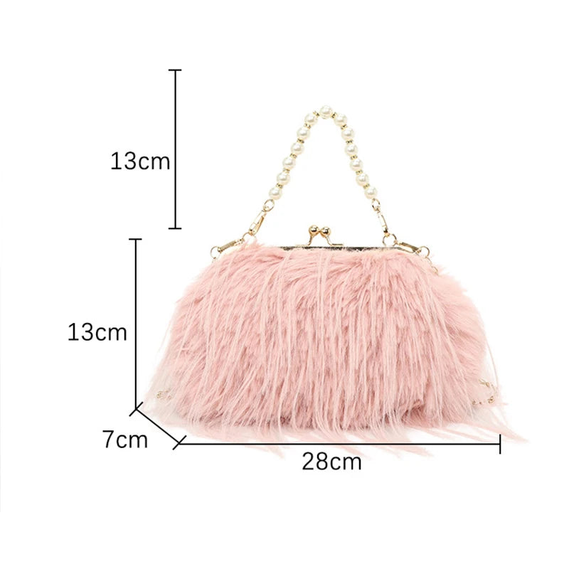 Luxury Faux Fur Evening Bag Fluffy Solid Color Shoulder Bag Large Capacity Pearl Handle Clutch Crossbody Bag For Women