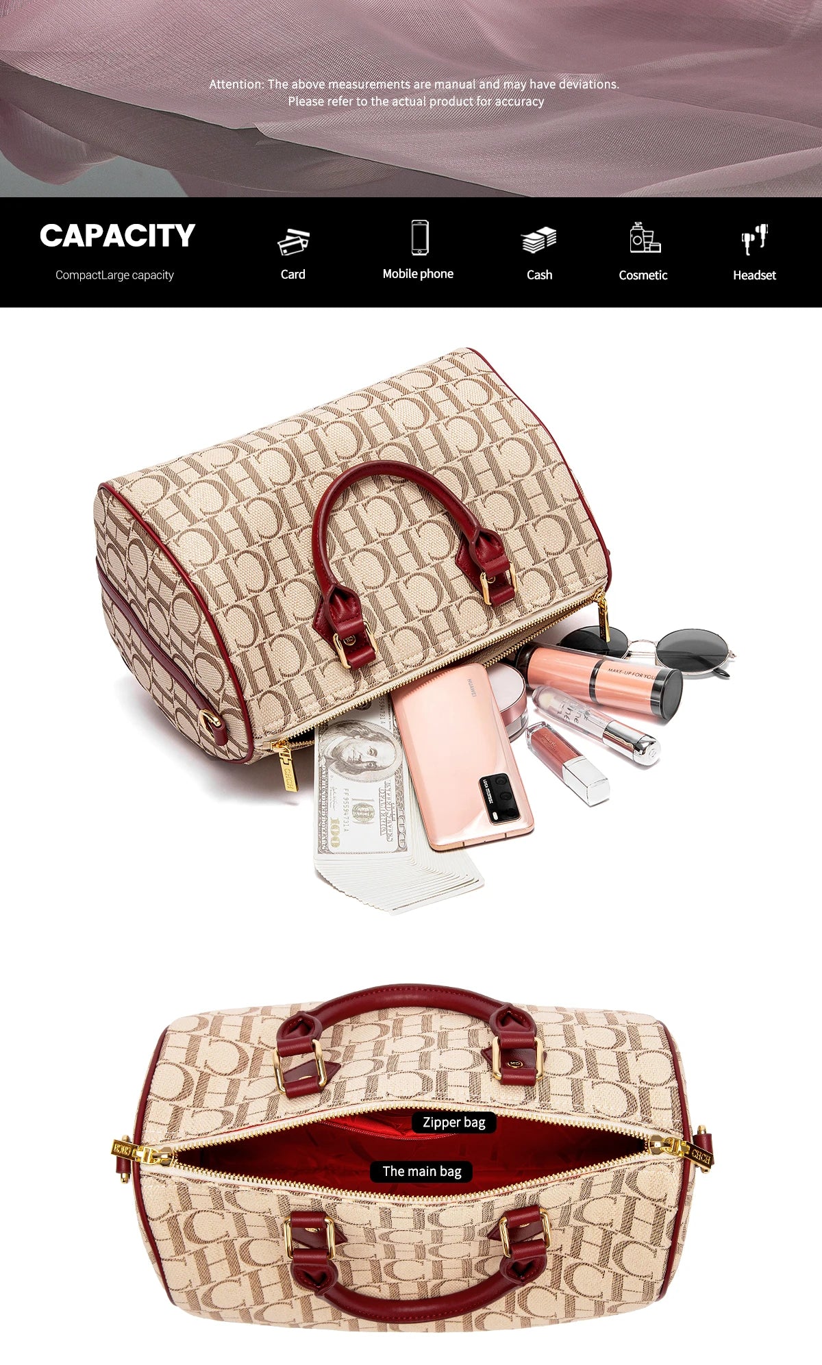 CHCH Women's Pillow Bag Autumn/Winter New Collection Letter Handbag Brown Boston Bag