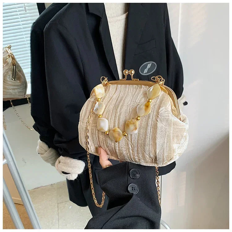 Retro Beaded Party Handbags Summer Women's Versatile Chain Crossbody Bags French Fashion Single Shoulder Bags Trend