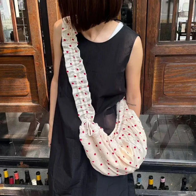Women Chic Underarm Bag Large Capacity Polka Dot Retro Crossbody Bag All Matched Pleated Dumpling Bag Casual Zipper Canvas Bag