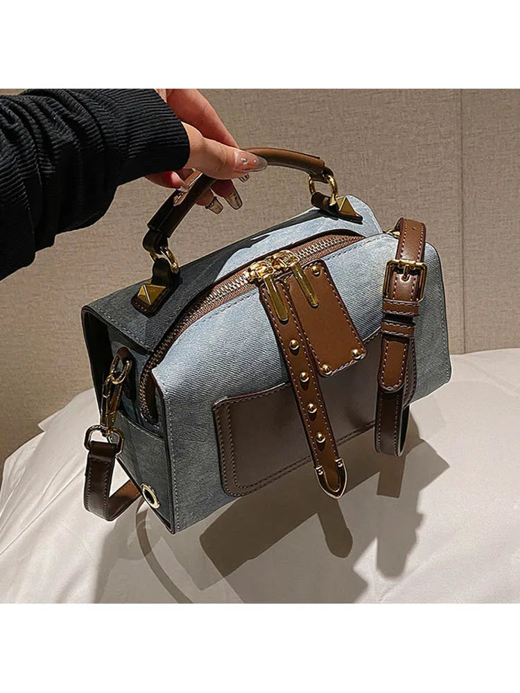 Artificial Leather Retro Unisex Large Capacity Blue Handbag Shoulder Crossbody Messenger Bags Doctor Boston Women Purse