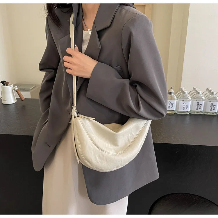 Niche Design Simple Solid Colour Dumpling Bag Women New Fashion Senior Sense PU Leather Shoulder Bag Versatile Crossbody Bag