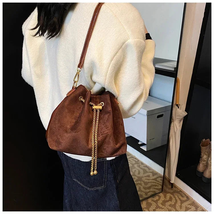 Soft Solid Faux Suede Simple Commuting Crossbody Bags 2025 Hot Sale Sewing Sweet Bags for Women Thread String Women's Handbags
