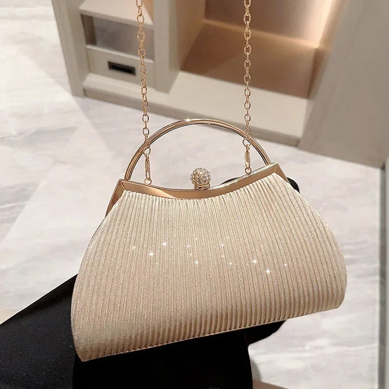 Pleated Evening Handbag Women Top Handle Glitter Day Clutch Ladies Wedding Dinner Dressed Clip Bag Diamond Party Purse Gold