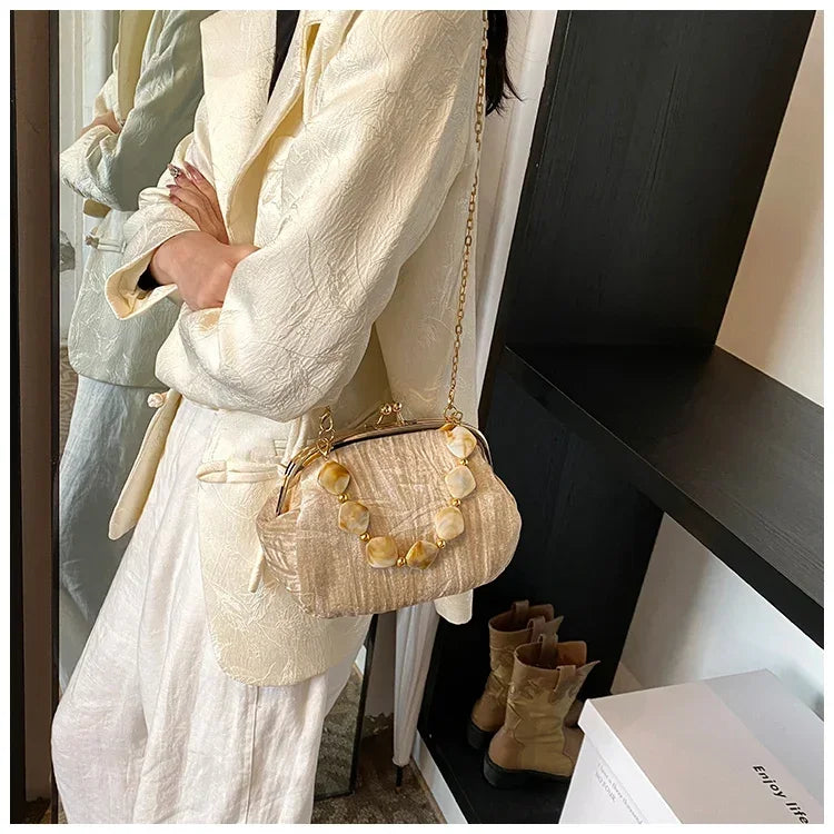 Retro Beaded Party Handbags Summer Women's Versatile Chain Crossbody Bags French Fashion Single Shoulder Bags Trend