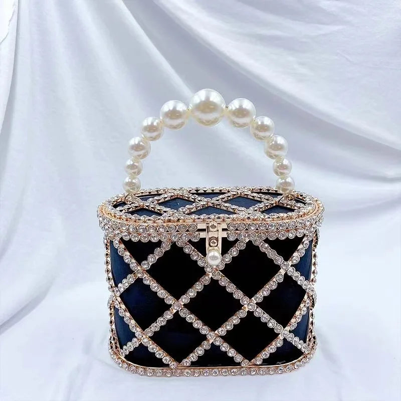 Luxury Designer Glod Metal Cage Pearl Beading Handle Women Handbag Evening Bag Wedding Party Clutch Purse Shoulder Crossbody Bag