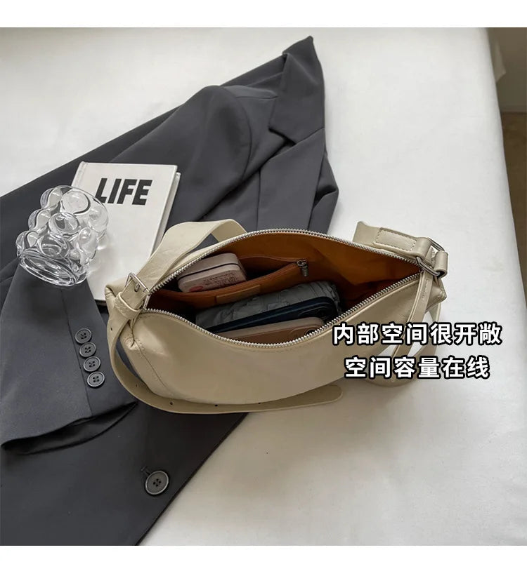 Niche Design Simple Solid Colour Dumpling Bag Women New Fashion Senior Sense PU Leather Shoulder Bag Versatile Crossbody Bag