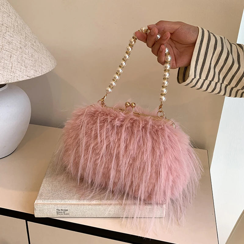 Luxury Faux Fur Evening Bag Fluffy Solid Color Shoulder Bag Large Capacity Pearl Handle Clutch Crossbody Bag For Women