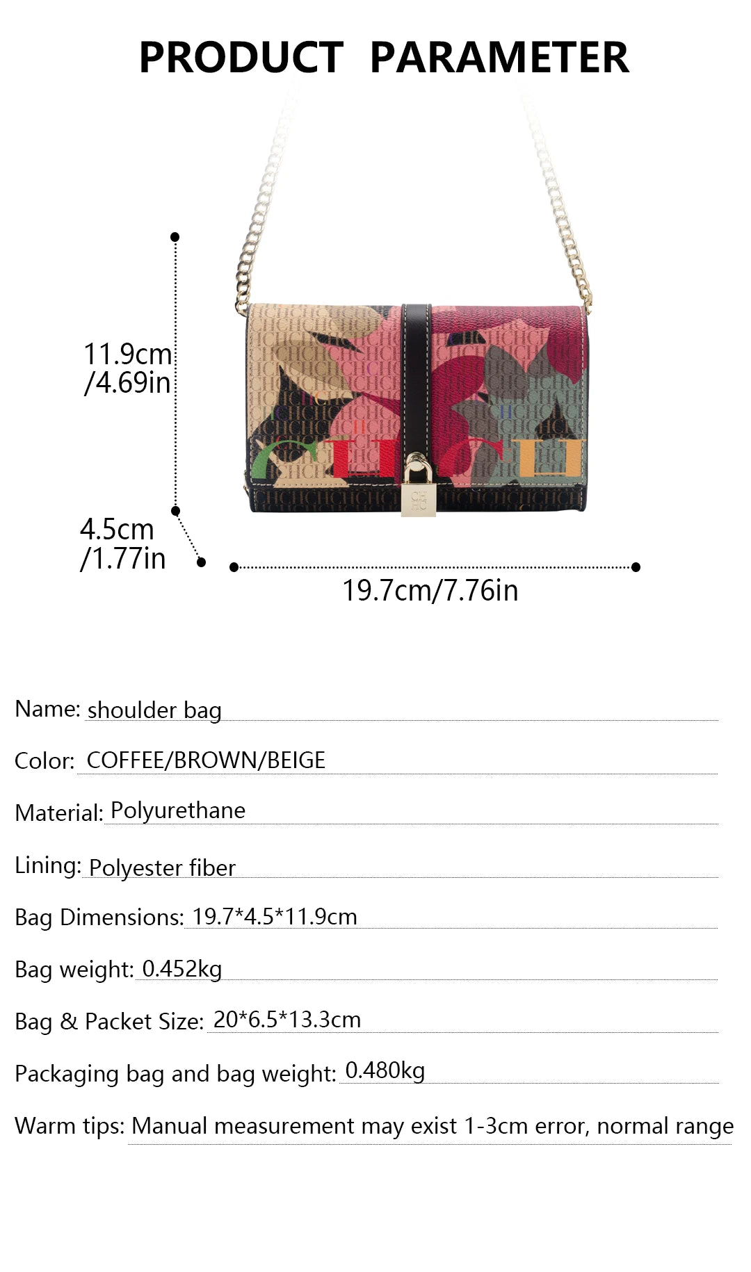 CH Wallet Bag with Floral Letters Printed Lock Design High Quality PU Material Women's 2025 Designer Shoulder Bag