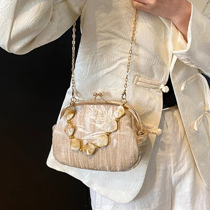 Retro Beaded Party Handbags Summer Women's Versatile Chain Crossbody Bags French Fashion Single Shoulder Bags Trend