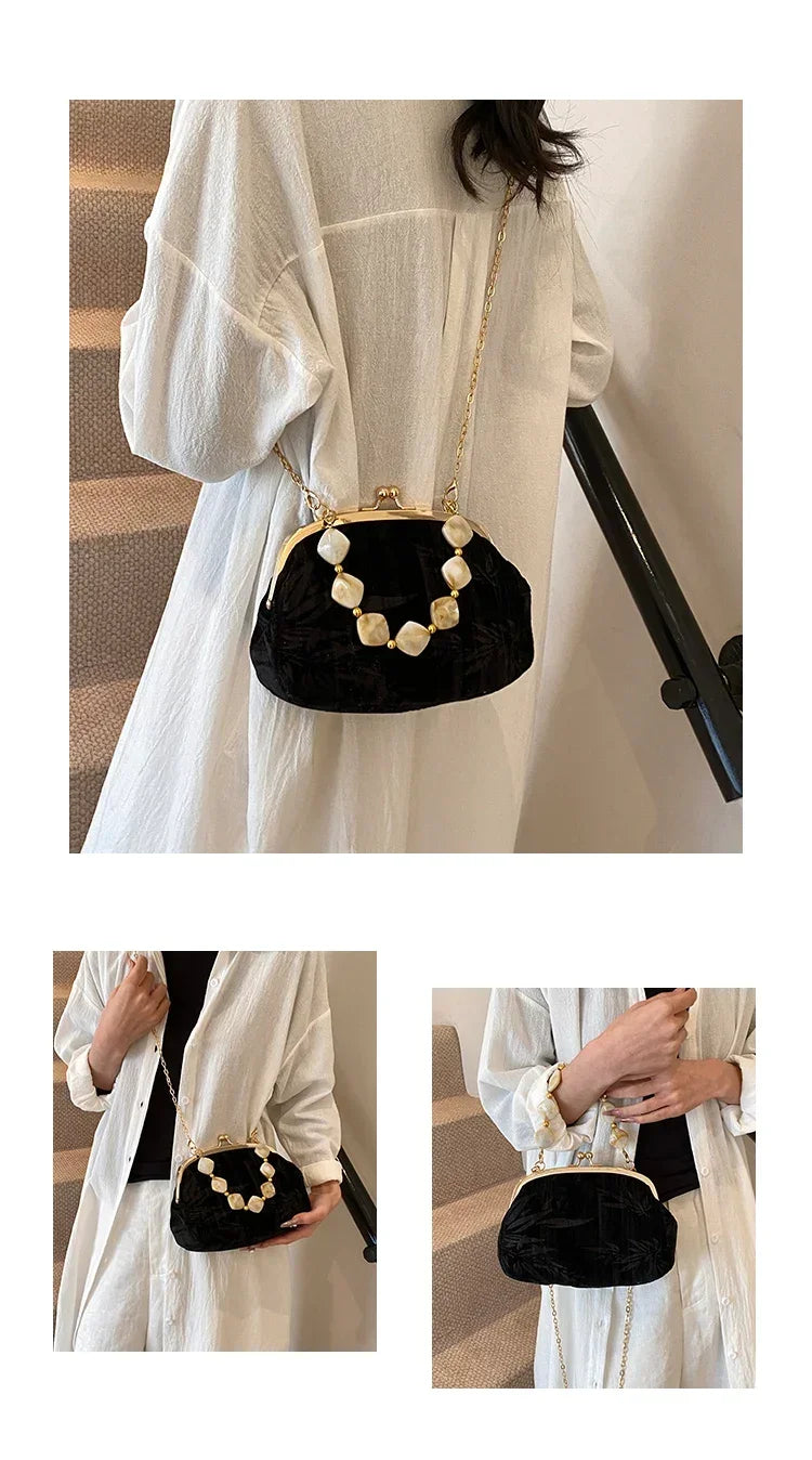 Retro Beaded Party Handbags Summer Women's Versatile Chain Crossbody Bags French Fashion Single Shoulder Bags Trend