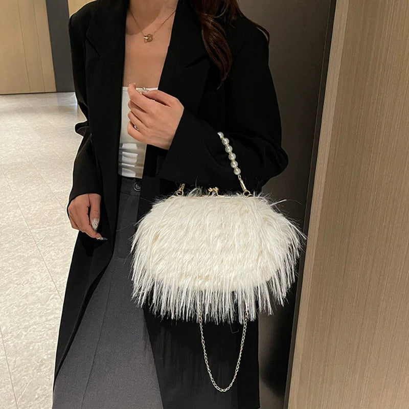 Luxury Faux Fur Evening Bag Fluffy Solid Color Shoulder Bag Large Capacity Pearl Handle Clutch Crossbody Bag For Women