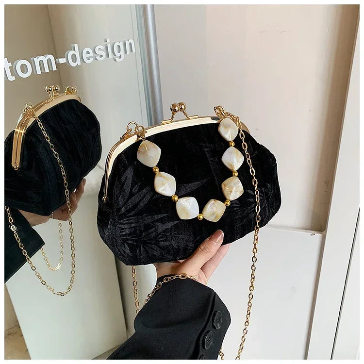 Retro Beaded Party Handbags Summer Women's Versatile Chain Crossbody Bags French Fashion Single Shoulder Bags Trend