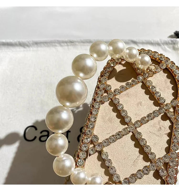 Luxury Designer Glod Metal Cage Pearl Beading Handle Women Handbag Evening Bag Wedding Party Clutch Purse Shoulder Crossbody Bag