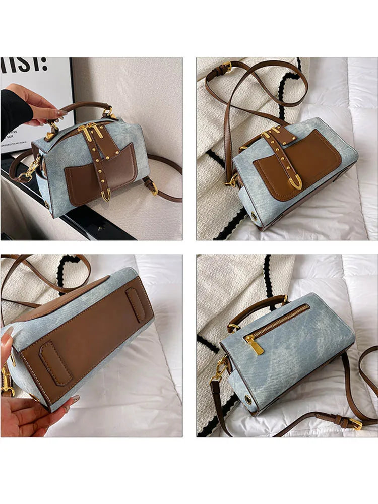 Artificial Leather Retro Unisex Large Capacity Blue Handbag Shoulder Crossbody Messenger Bags Doctor Boston Women Purse