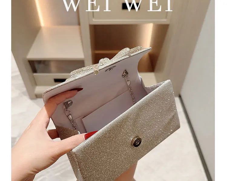 Evening Bag Dress Versatile European and American Clutch Bag Crossbody Celebrity Fashion Diamond Bow Chain Bag Lady Handbag