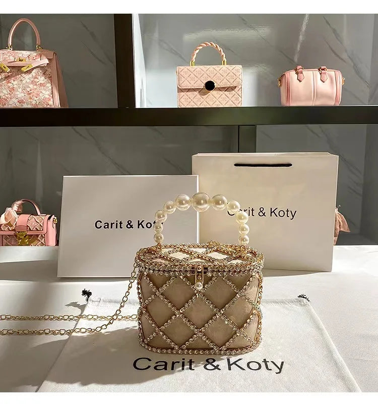Luxury Designer Glod Metal Cage Pearl Beading Handle Women Handbag Evening Bag Wedding Party Clutch Purse Shoulder Crossbody Bag