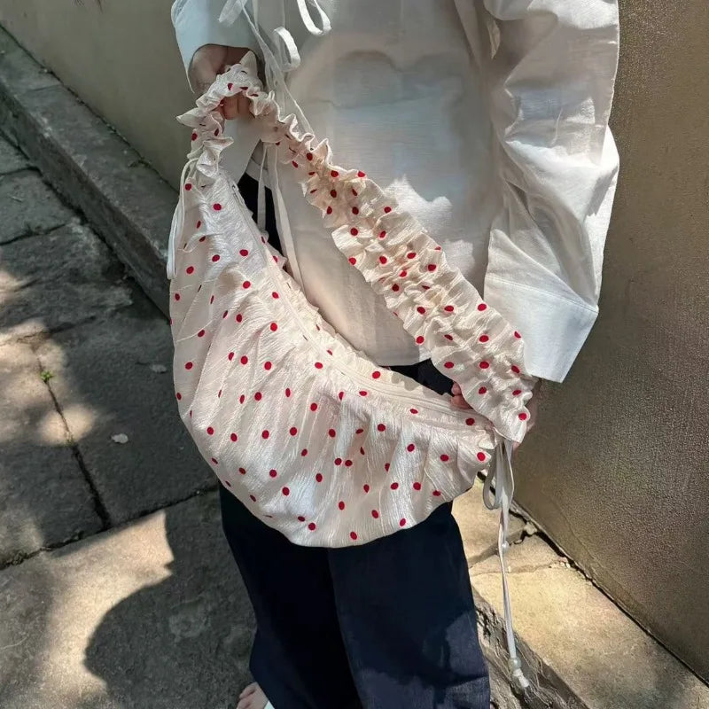 Women Chic Underarm Bag Large Capacity Polka Dot Retro Crossbody Bag All Matched Pleated Dumpling Bag Casual Zipper Canvas Bag