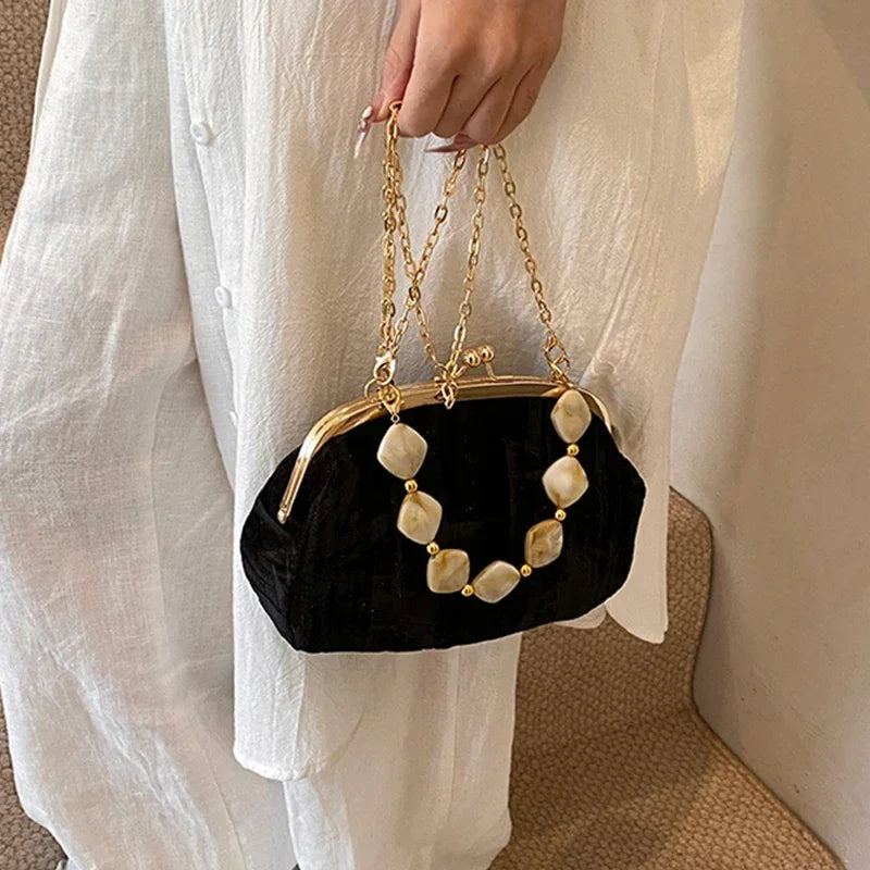 Retro Beaded Party Handbags Summer Women's Versatile Chain Crossbody Bags French Fashion Single Shoulder Bags Trend
