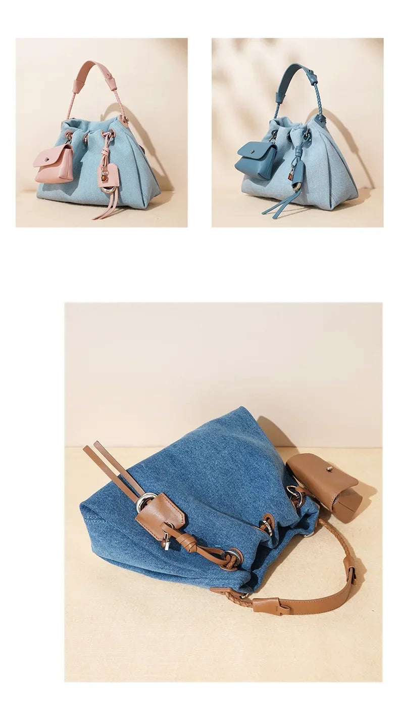 New Denim Series Handbag Fashion Straw Denim Dags for Women Minimalist Crossbody Messenger Designer Luxury Tote Bag Coin Wallet