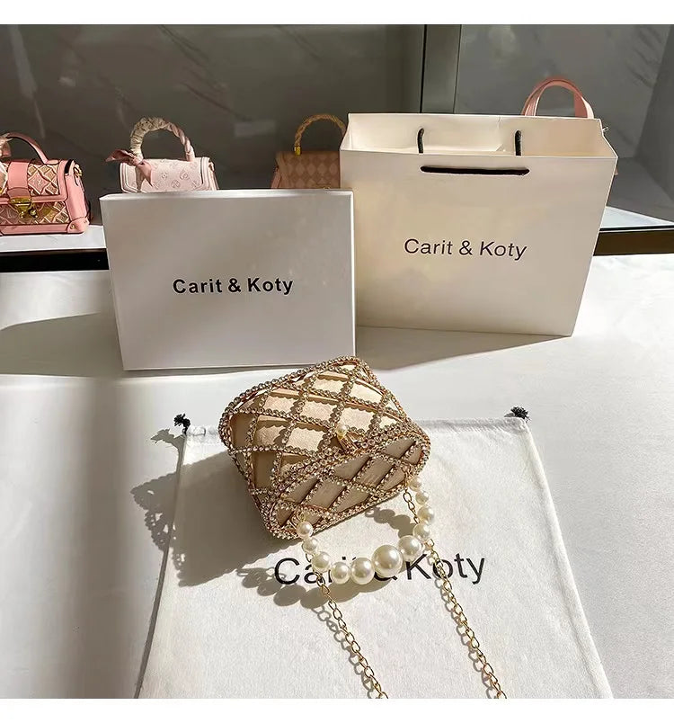 Luxury Designer Glod Metal Cage Pearl Beading Handle Women Handbag Evening Bag Wedding Party Clutch Purse Shoulder Crossbody Bag