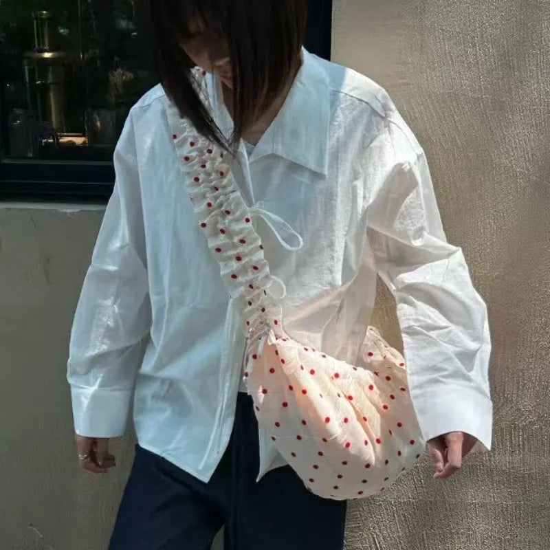 Women Chic Underarm Bag Large Capacity Polka Dot Retro Crossbody Bag All Matched Pleated Dumpling Bag Casual Zipper Canvas Bag