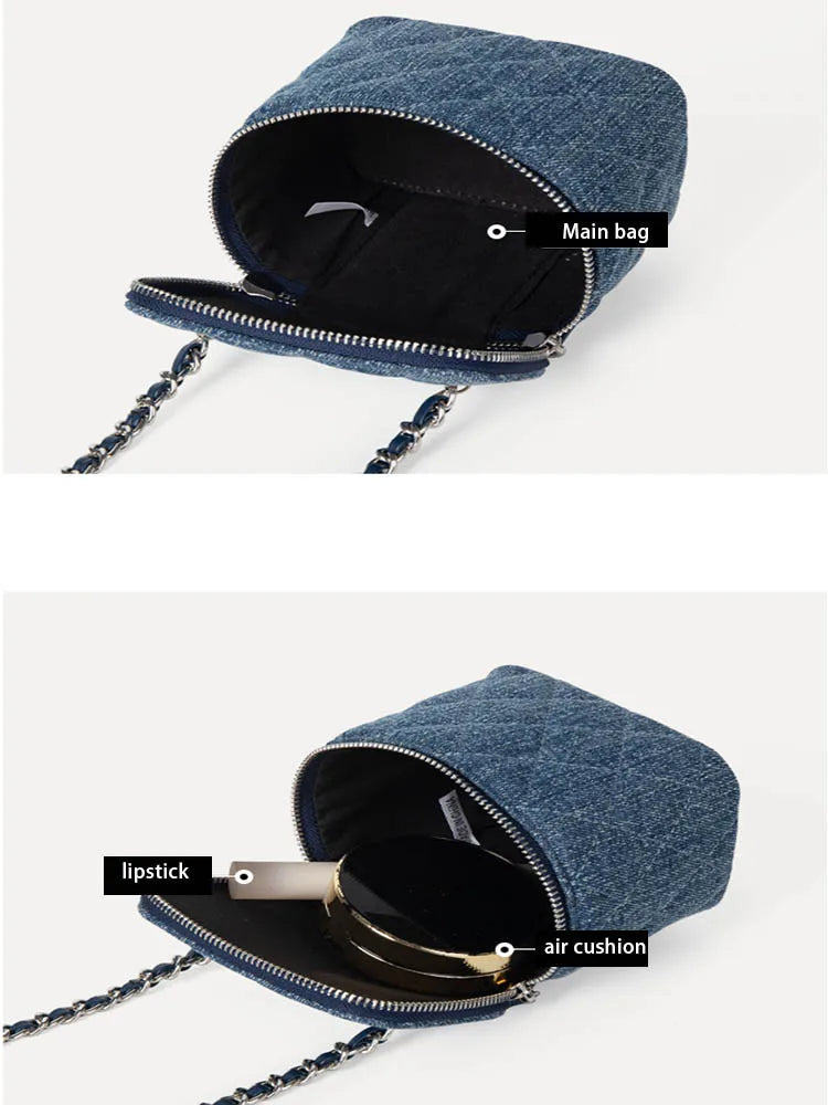 Denim Female Retro Unisex Mini Diamond Jean Check Chain Small Square Crossbody Bags Handbags Letter Shoulder Shopper Purse