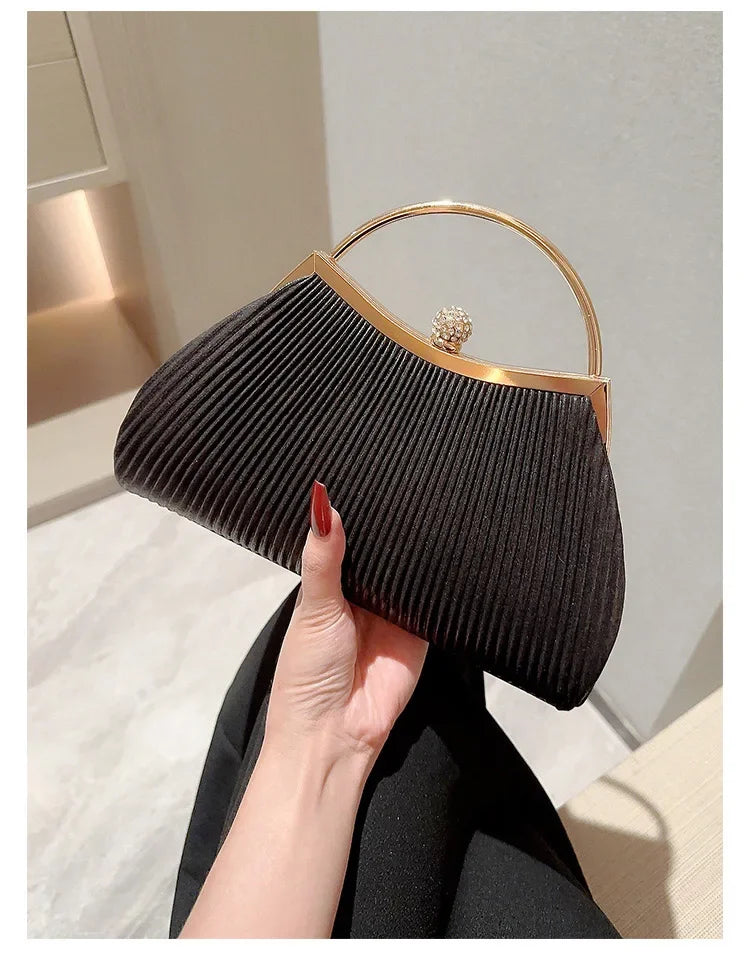 Pleated Evening Handbag Women Top Handle Glitter Day Clutch Ladies Wedding Dinner Dressed Clip Bag Diamond Party Purse Gold