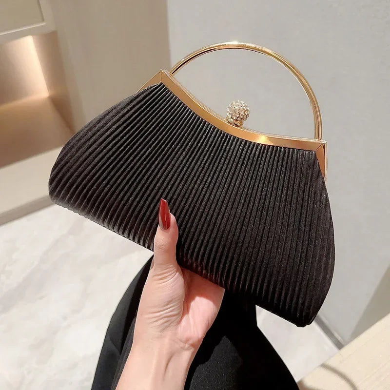 Pleated Evening Handbag Women Top Handle Glitter Day Clutch Ladies Wedding Dinner Dressed Clip Bag Diamond Party Purse Gold