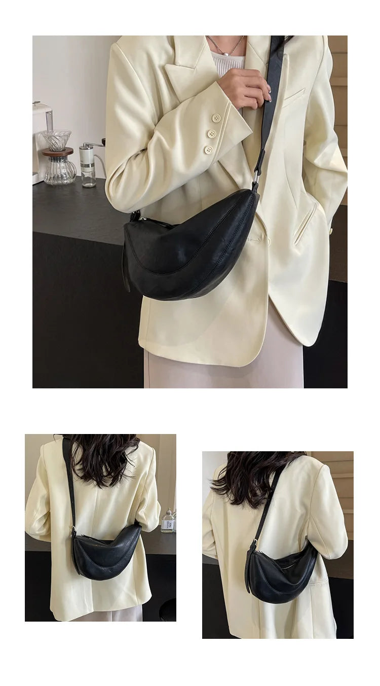 Niche Design Simple Solid Colour Dumpling Bag Women New Fashion Senior Sense PU Leather Shoulder Bag Versatile Crossbody Bag