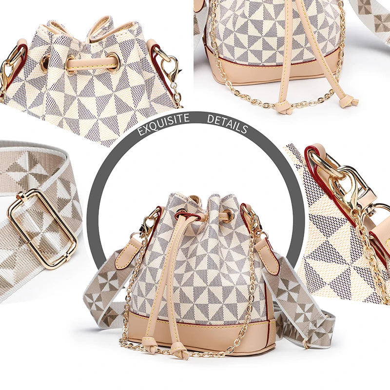 Floral Women Bucket Bags Leather Ladies Shoulder Bags Drawstring Women Side Bags