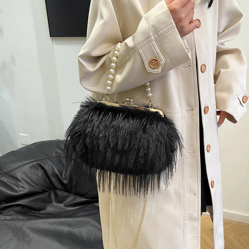 Luxury Faux Fur Evening Bag Fluffy Solid Color Shoulder Bag Large Capacity Pearl Handle Clutch Crossbody Bag For Women