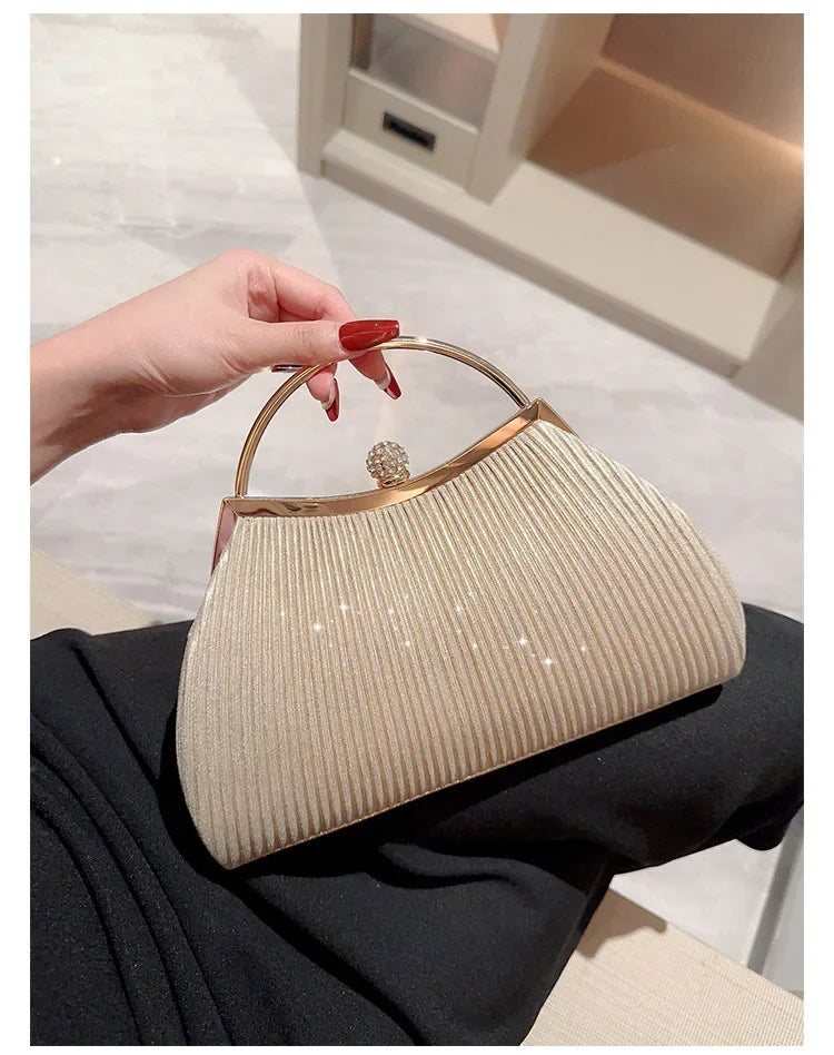 Pleated Evening Handbag Women Top Handle Glitter Day Clutch Ladies Wedding Dinner Dressed Clip Bag Diamond Party Purse Gold